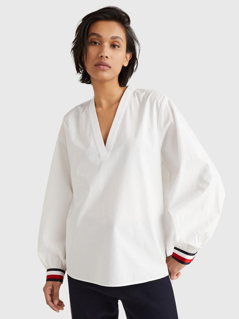 Női Tommy Hilfiger V-Neck Blouses Fehér | HU 21KOR